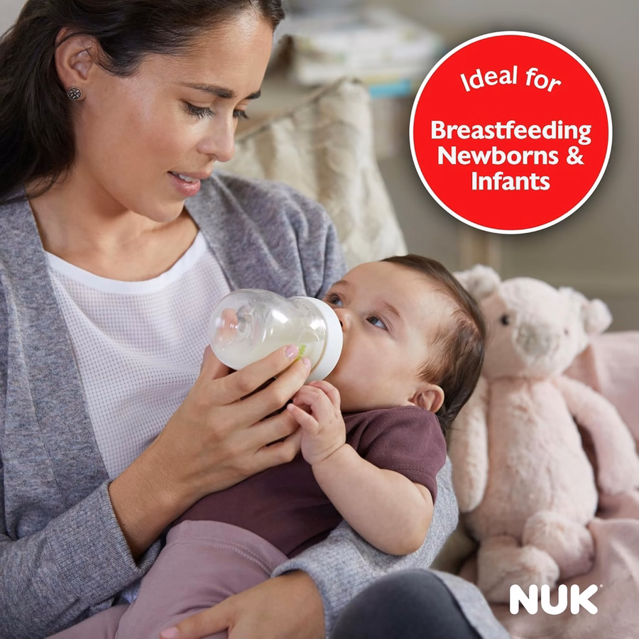 Biberon NUK Simply Natural con SafeTemp, valvola anticolica e tettarella a flusso lento per l'alimentazione naturale, 266 ml, confezione da 4: Biberon