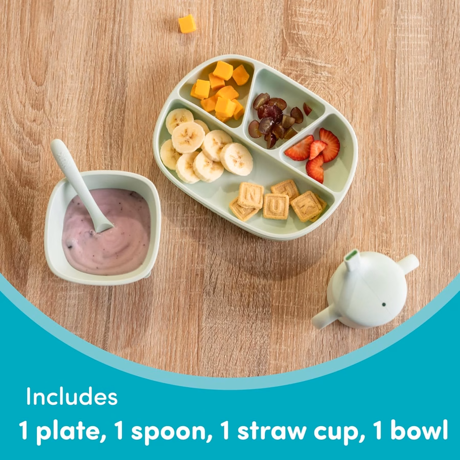 Set di stoviglie per neonati in silicone NUK, include 1 piatto, 1 ciotola, 1 tazza e 1 cucchiaio, resistente sistema di ventose per ridurre le fuoriuscite, adatto al microonde, senza BPA: per neonati