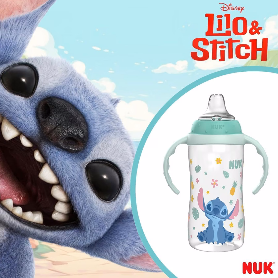 NUK Learner Cup, 295 ml, confezione da 2, Stitch della Disney – Beccuccio morbido, manici facili da impugnare, senza BPA, bicchiere antigoccia per la transizione: per neonati